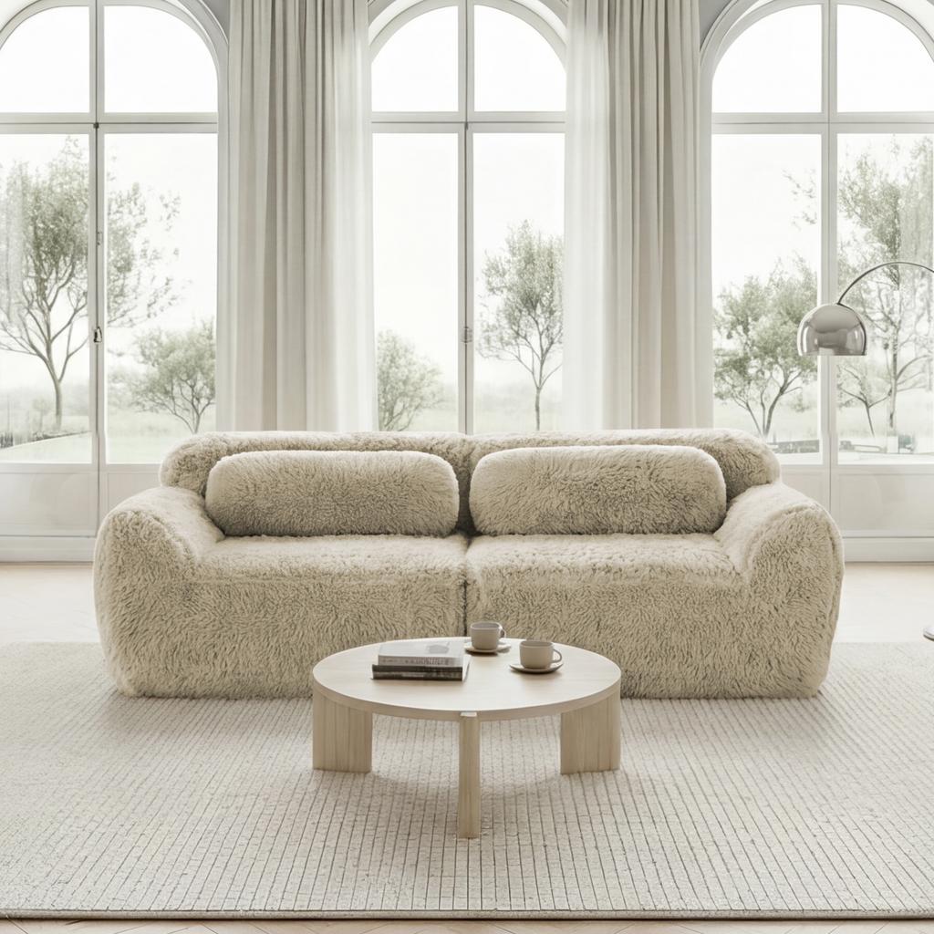 2-Seater sofa, plush fabric, frameless modular design, with cushions, high-resilience foam, non-slip base, living room, bedroom, light khaki