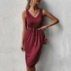 Женское летнее шикарное платье без рукавов сплошного цвета с V-образным вырезом на шнуровке