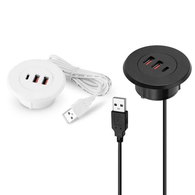 USB Хаб для зарядки с отверстием-грометом для стола, с двумя портами USB и Type-C, круглый встраиваемый USB-адаптер для офисного использования