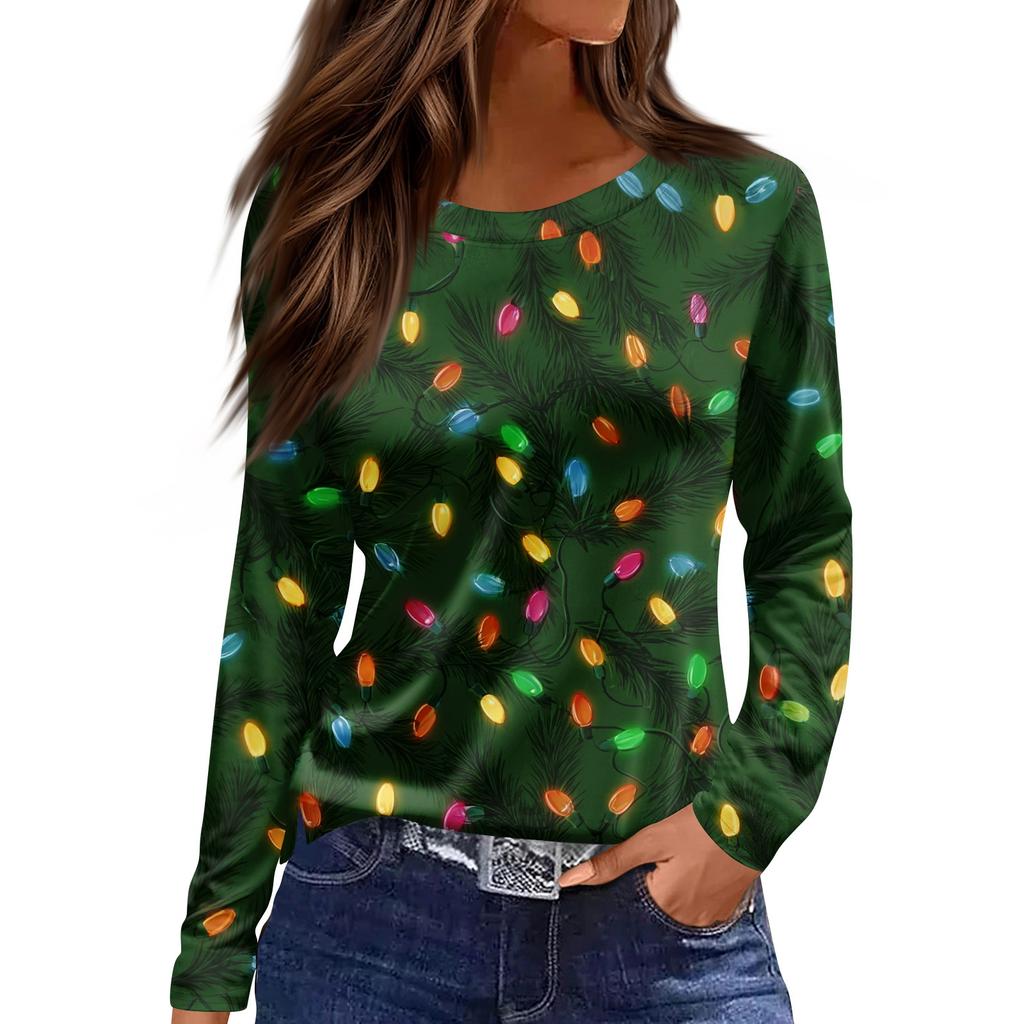 Women's Fashion Casual Slit Hem Round Neck Long Sleeve Loose Christmas Printed T-Shirt Ladies Top