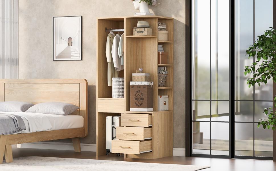 Wardrobe 70 × 55 × 175 cm, Multi-Tier Shelf Compartments, Large Hanging Rail Section, Wood Color