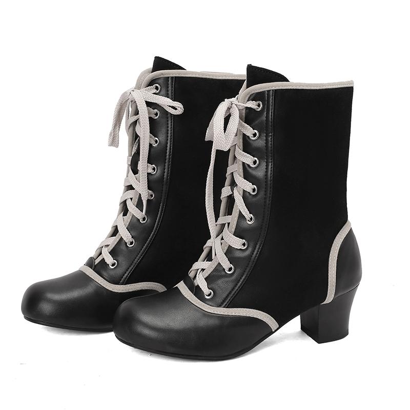 2024 Осень Зима Ретро Женские Ботильоны Смешанные Цвета Косплей Ботинки ПУ Пэчворк Флок Удобные Массивные Каблуки Обувь