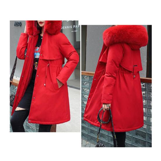 Women's Fleece Lined Parka Thicken Fuzzy Faux Fur Hooded Down Jacket with Pockets Winter Warm Drawstring Sherpa Coat