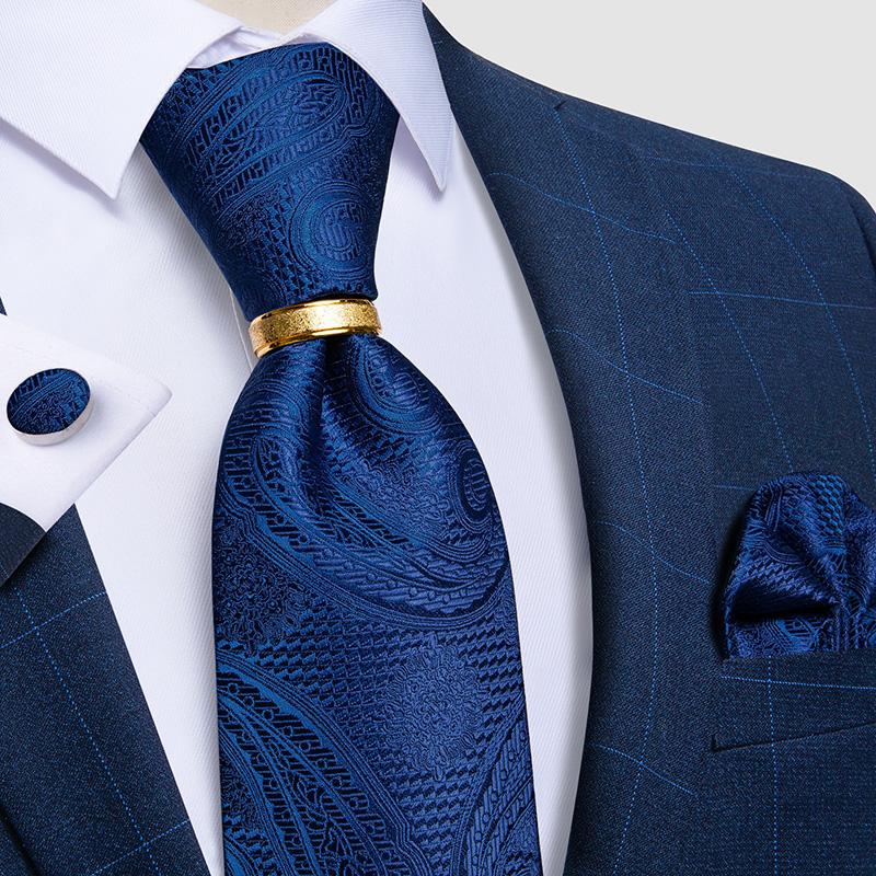 Mens Ties Set with Ring Special Design Business Silk Tie Handkerchief Cufflinks Set for Formal Party