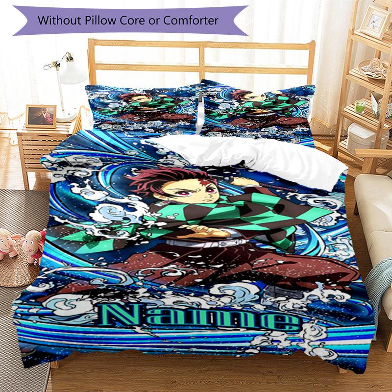 3pcs Custom Name Demon Slayer Bedding Set Duvet Cover Closure Includes 1 Duvet Cover & 2 Pillowcases, Soft and Comfortable for All Seasons.