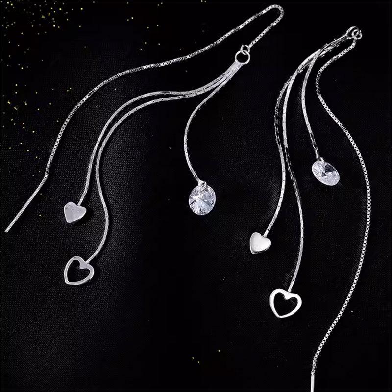 2024 Light Luxury Long Tassel Zircon Heart Earrings - Trendy & Elegant Niche Design
