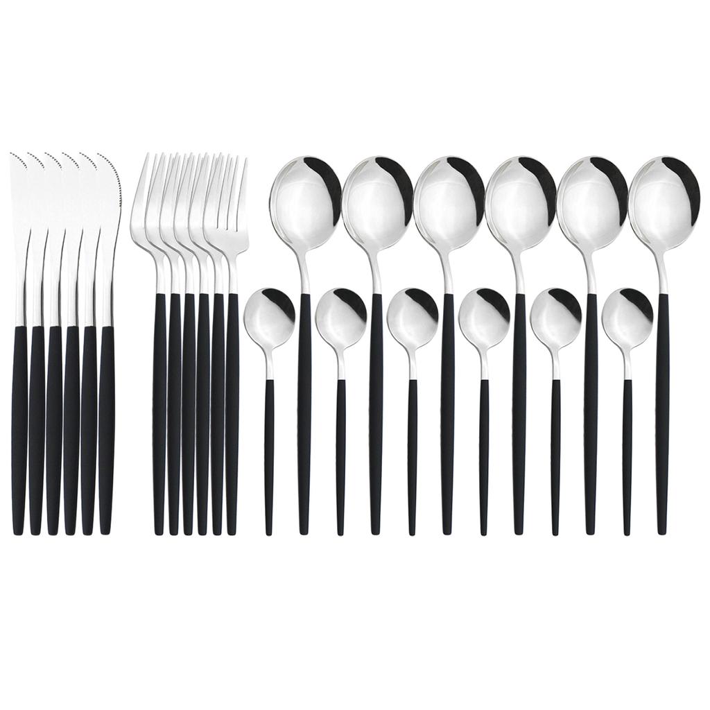 24pcs Black Gold Cutlery Set Mirror Stainless Steel Dinnerware Set Knife Fork Spoon Tableware Flatware Set Dishwasher Safe Kitchen Wedding Accessories