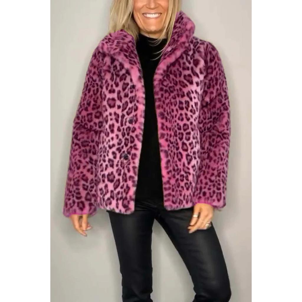 2025 Women's Faux Fur Coat With Leopard Print Collar - Winter Wool Blend Jacket, Fashion Animal Print Notch Lapel Cruelty-Free Statement Outerwear