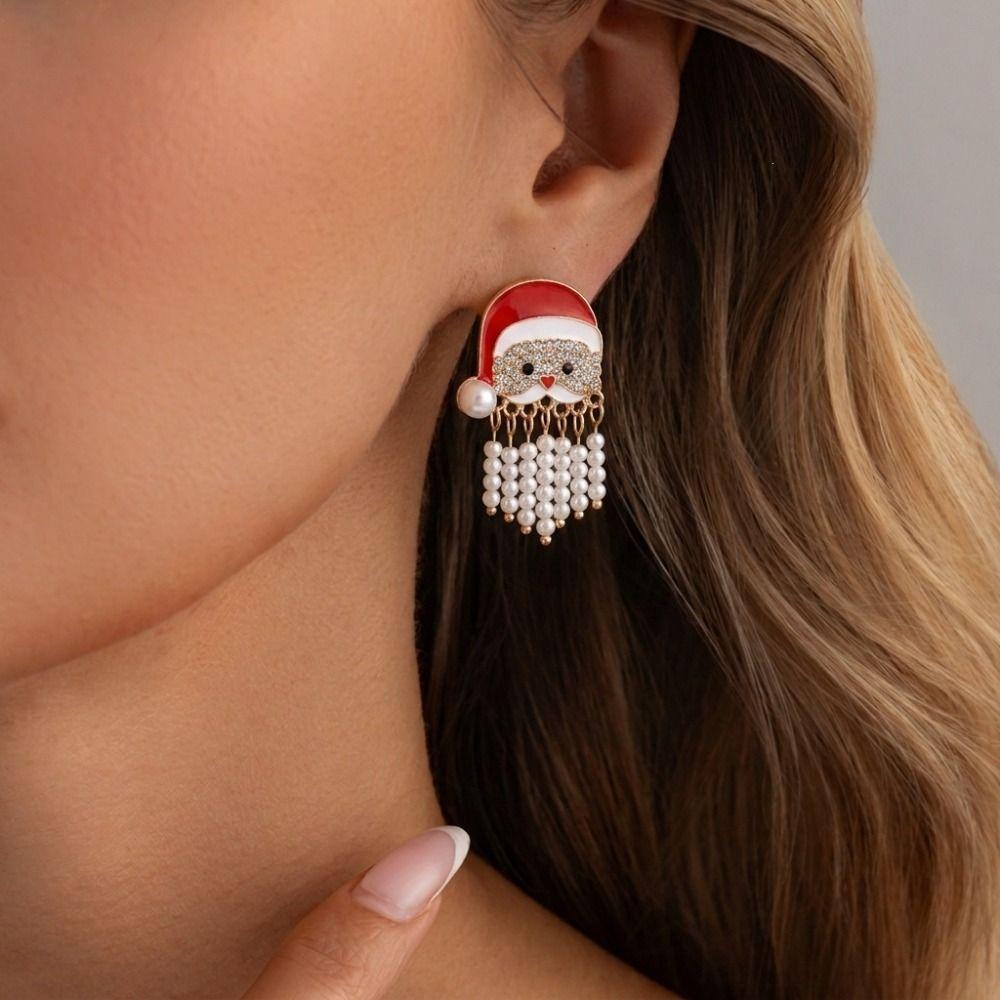 Long Tassel Design Enamel Drop Earrings Santa Claus Stud Earrings Holiday Occasion
