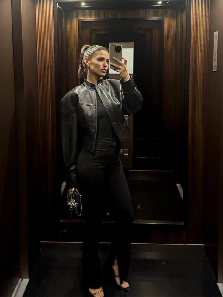 2025 Ретро Кожаная Куртка Приталенного Кроя со Стойкой для Женщин