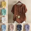 Women's Fashion Flowers Prined Round Neck Short Sleeve T-shirt Casual Cotton Linen Graphic Shirt Leisure Loose Summer Blouse Tops