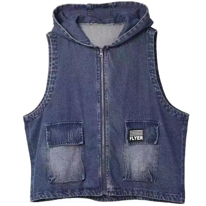 Women's Loose Hooded Literary Sleeveless Vest Spring Casual Washed Denim Jacket