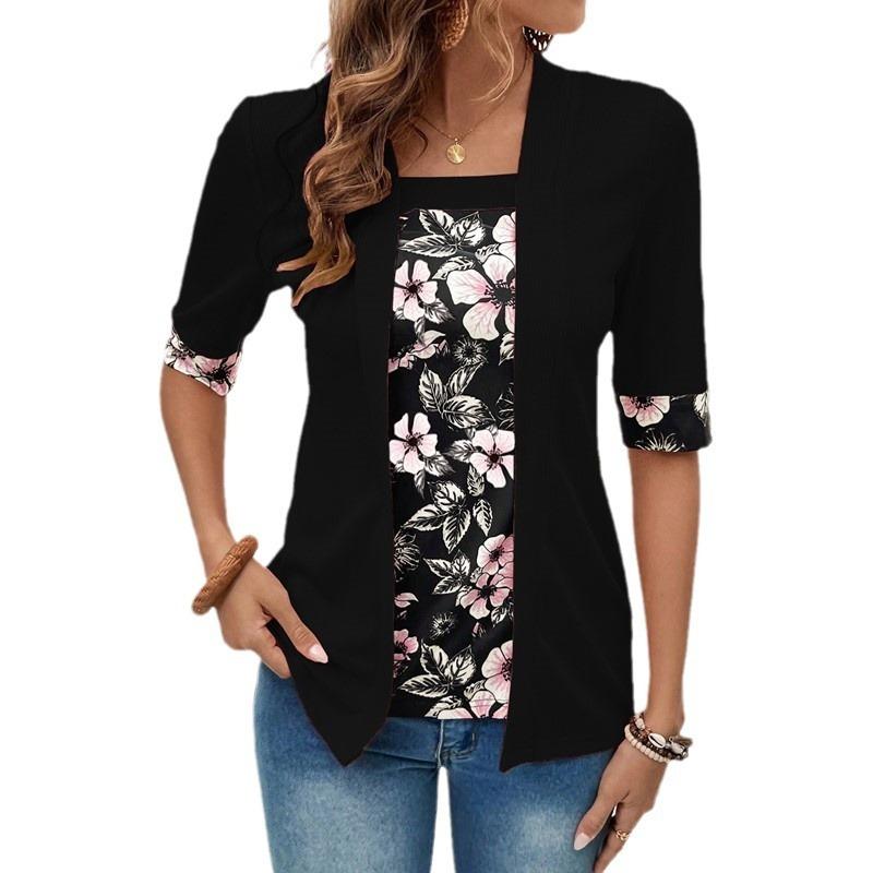 Летние осенние женские футболки Поддельные двухсекционные женские футболки с рукавом пять четвертей с принтом в винтажном стиле