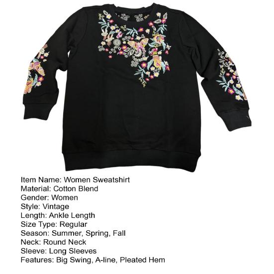 Женская толстовка в этническом стиле с цветочной вышивкой, круглым вырезом и длинными рукавами, контрастного цвета, весна-осень, с эластичными манжетами и подолом