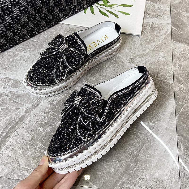 Fashion Baotou Slippers Women's New Autumn Round Head Sequin Deep Mouth Thick Sole Slip-on Lazy Shoes