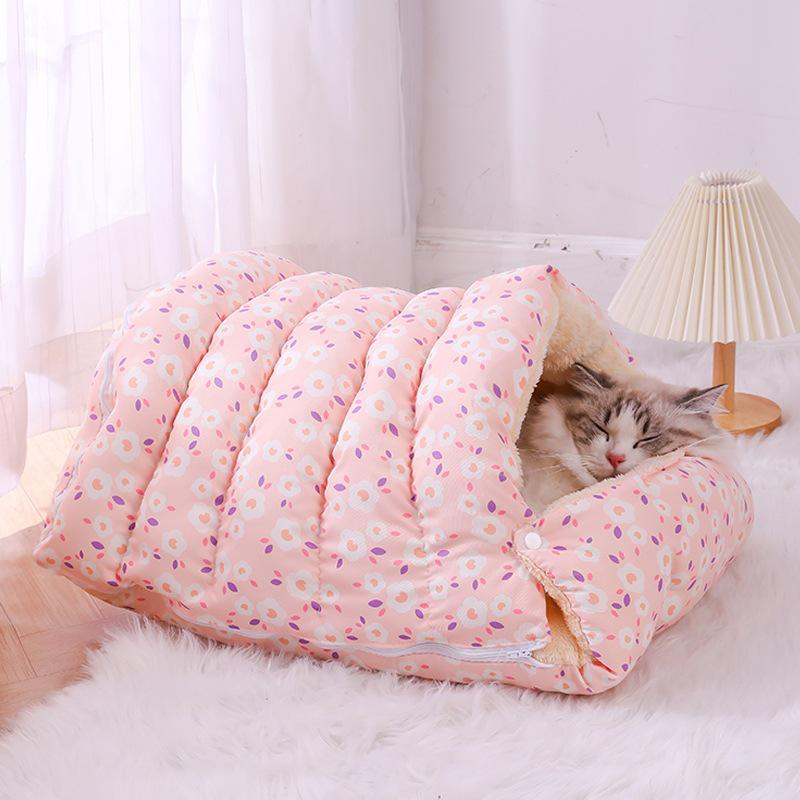 Warm Fleece-Lined Cat & Dog Sleeping Bag: Semi-Enclosed, Washable, Thick Winter Bed