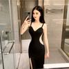 Elegant Black V Neck Sexy Slim Fit Bodycon Dress for Women with Thin Straps High Slit Mermaid Style Floor Length Formal Evening Nightclub Party Gown
