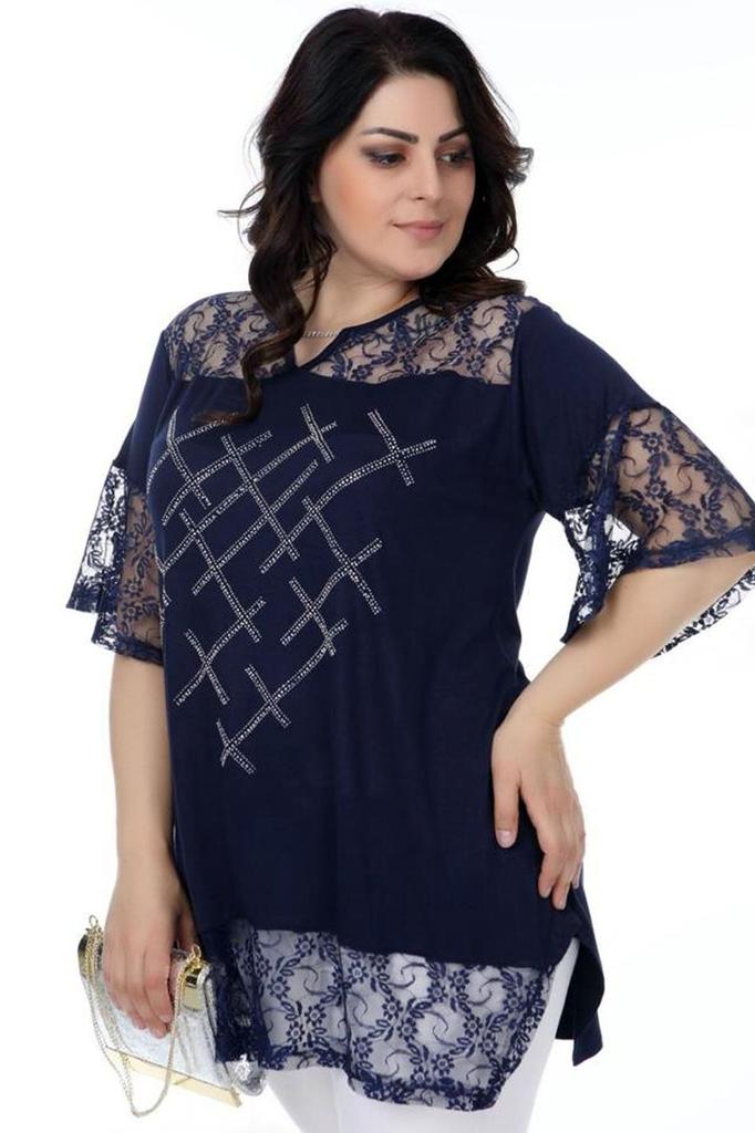 Женская блузка большого размера, кружевная блузка с v-образным вырезом спереди и каменным принтом, с короткими рукавами и разрезом