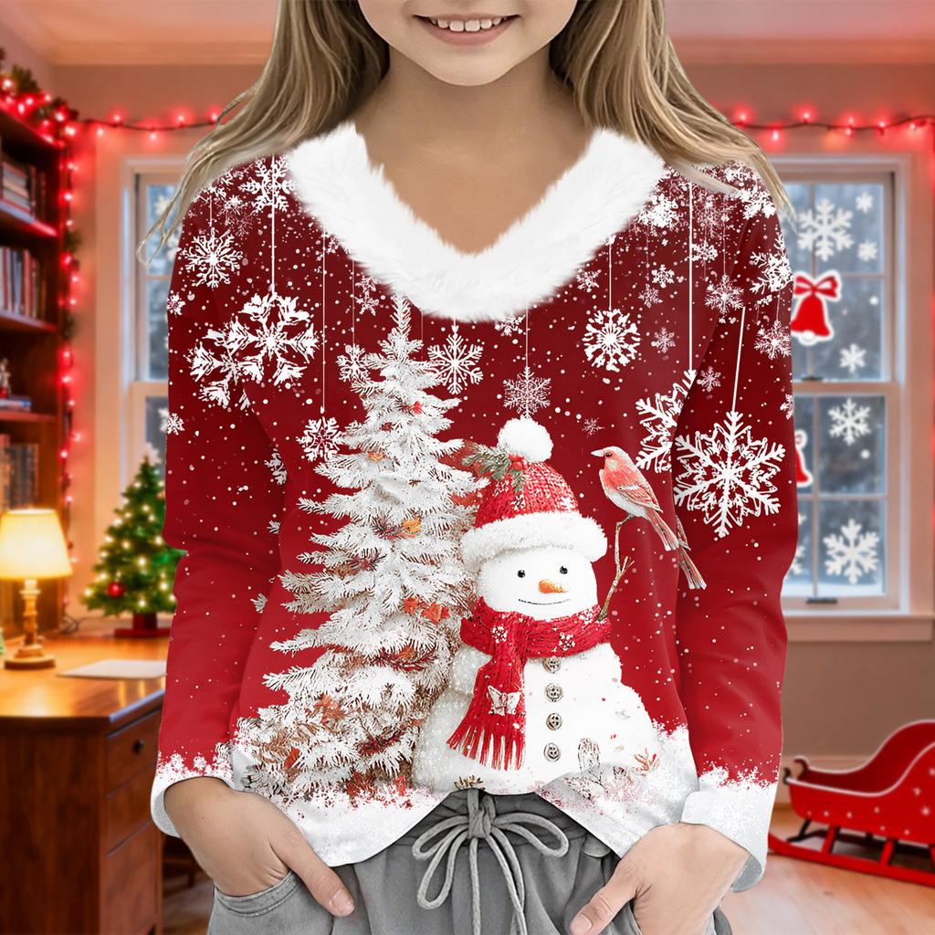Christmas Day Girls Long Sleeve T Shirts Kids Girls' V-Neck Tee Christmas Print Long Sleeve Top