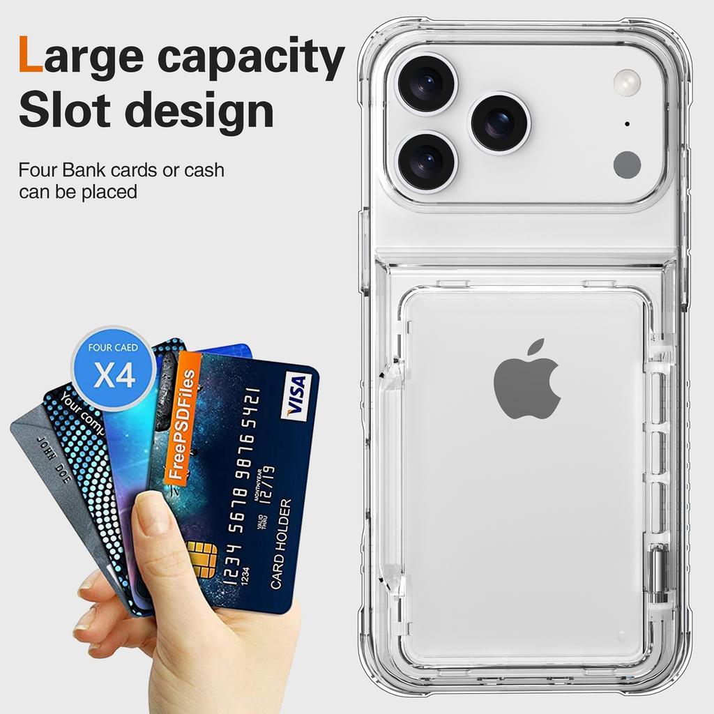 For iPhone 17 Pro Clear Case PC + TPU Phone Cover Card Holder Kickstand