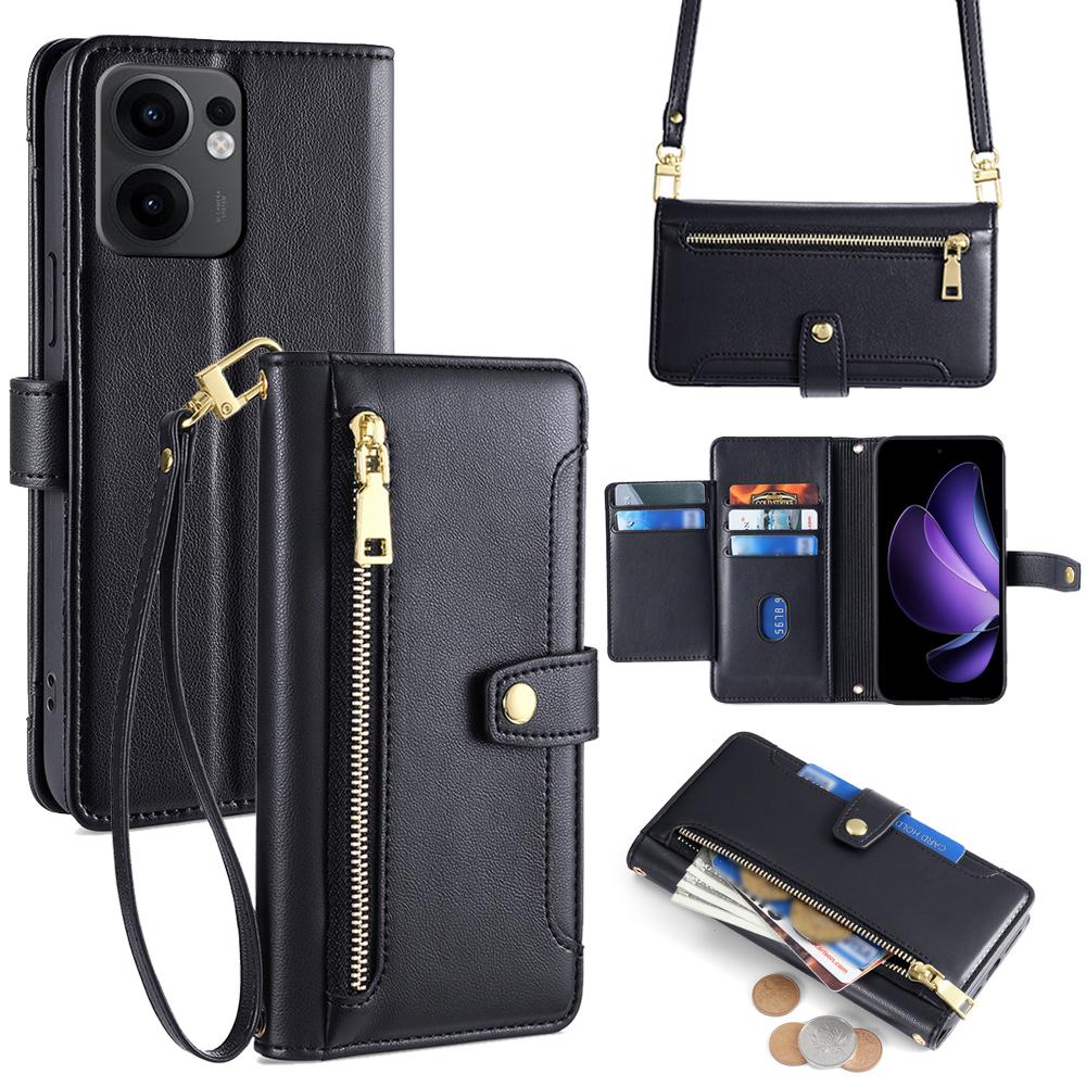 For Oppo Reno13 F 4G/5G Case Zipper Pocket Wallet Leather Phone Cover with 2 Straps