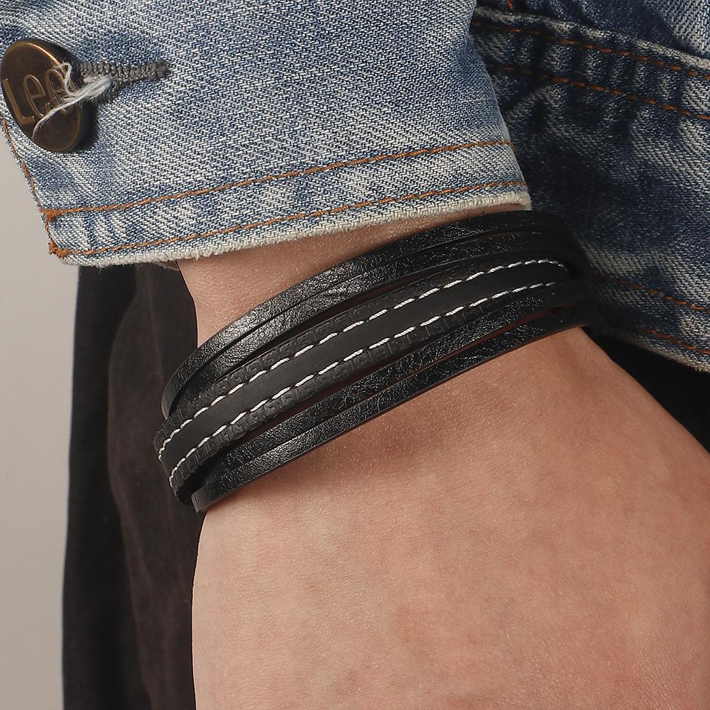 Men's Braided Leather Bracelet Multi-Layer Woven Windmill Rope Cuff Durable Cowhide Wristband