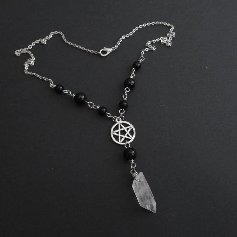 Gothic Beaded Pentagram Necklace Crystal Goth Wiccan Pendant Witchy Punk Jewelry Women Statement Gift Mystical Charm