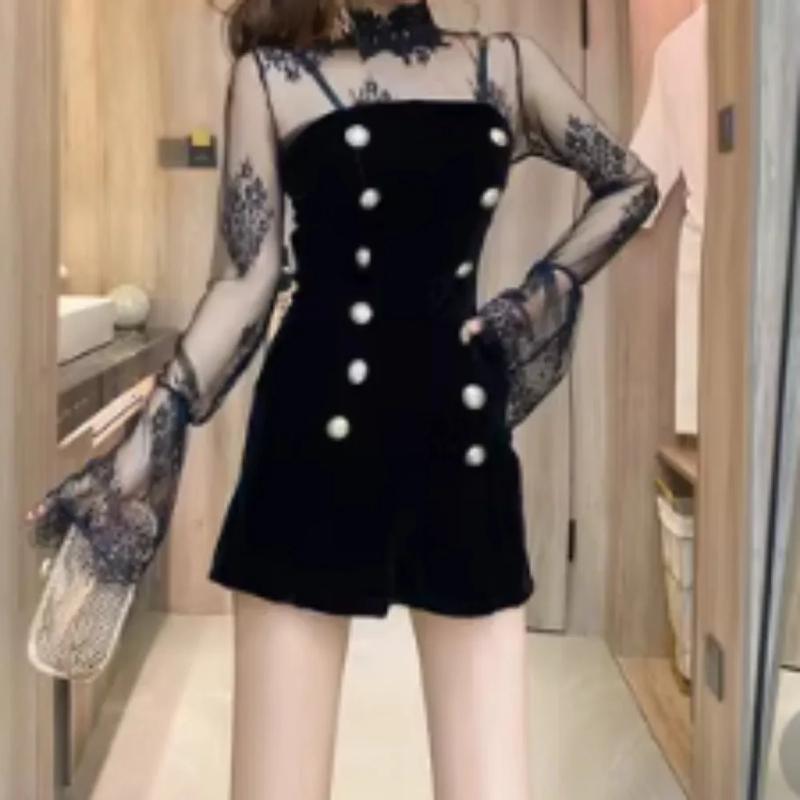 Office Sexy Puff Sleeve Mesh Lace Jumpsuit Women Fashion Double Breasted Elegant Jumpsuit Lady Korean Short Wide Leg Pants Casual Clothing 2024