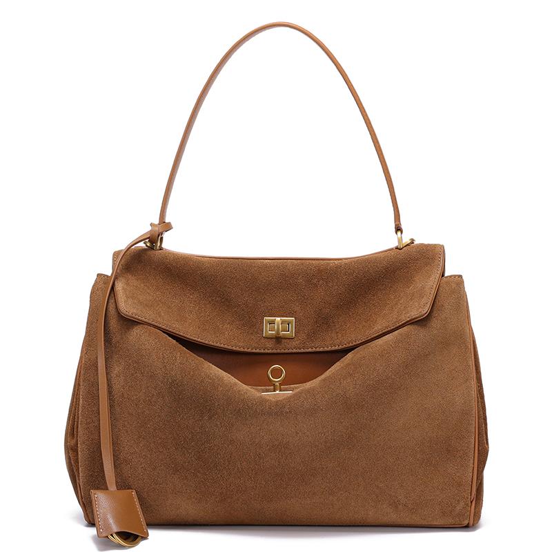 Ladies Suede Cow Genuine Leather Shoulder Bag Female Luxury Designer Portable Handbags Women's Work Commute Retro Cowhide Bags
