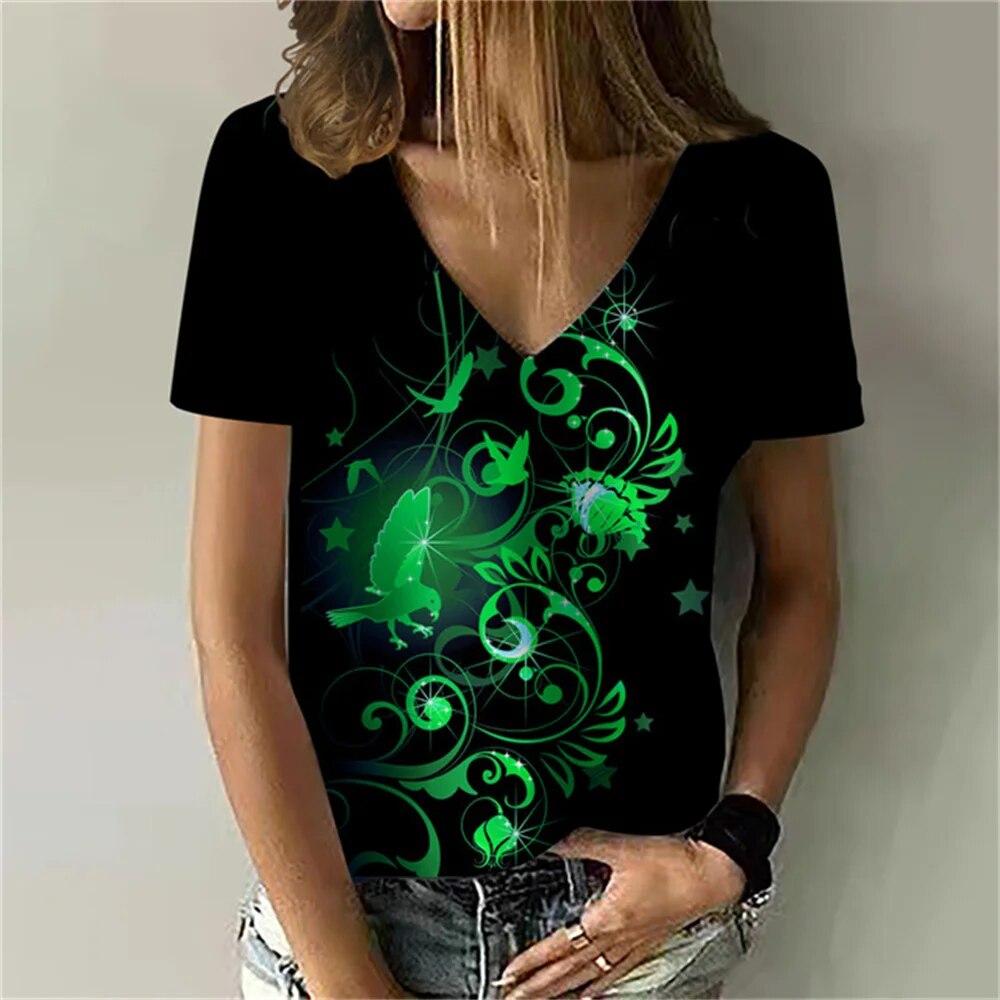 Versatile Sexy V-neck Women's T Shirt Flower 3D Print Summer Short Sleeve Fashion Street Harajuku Comfortable Ladies Tee Casual