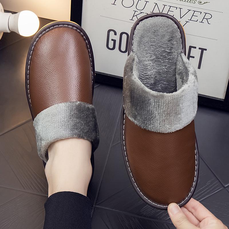 Женские тапочки 2024 года, новые зимние тапочки из искусственной кожи, теплые домашние тапочки, водонепроницаемая домашняя обувь, унисекс, теплые кожаные тапочки