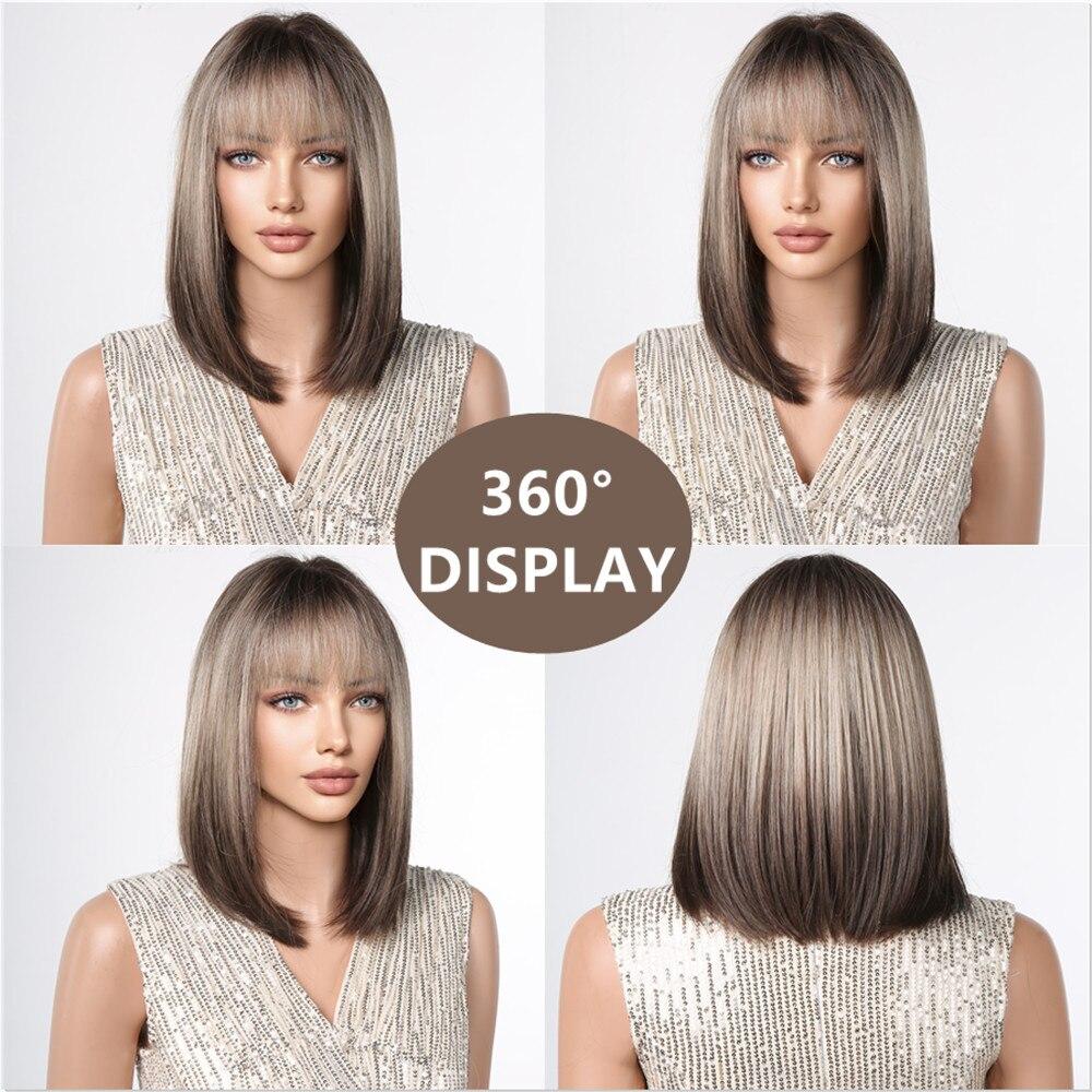 ALAN EATON Ombre Блондинка Коричневый Прямой Боб Парик Короткие синтетические парики с челкой Натуральные повседневные искусственные волосы для женщин Термостойкие