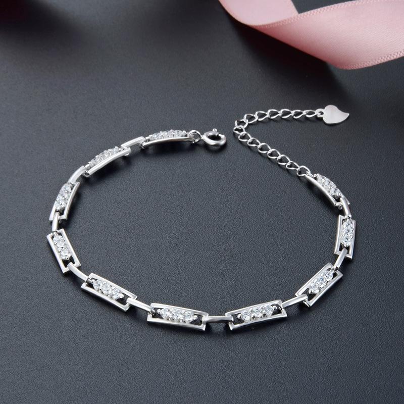 Lindon Women Zircon 925 Sterling Silver Jewelry Geometric Bead Chain Link Bracelet Fashion Fine Wedding Gift for Girlfriend