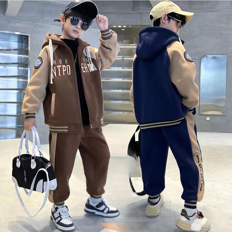 Весенние и осенние комплекты для мальчиков в корейском стиле, одежда для подростков, 2 предмета, куртка с капюшоном, пальто + брюки, повседневная детская одежда
