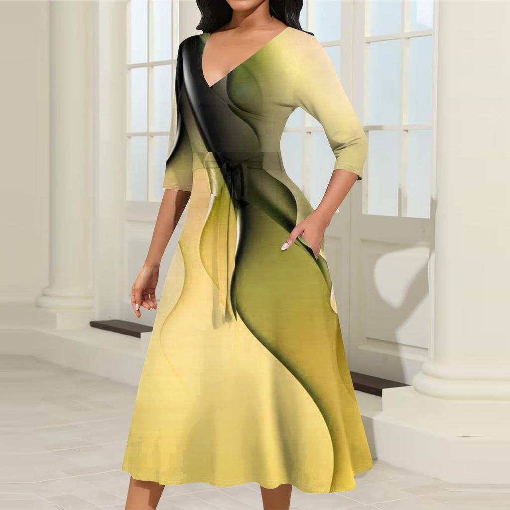 Женское повседневное модное платье миди с V-образным вырезом и рукавом три четверти