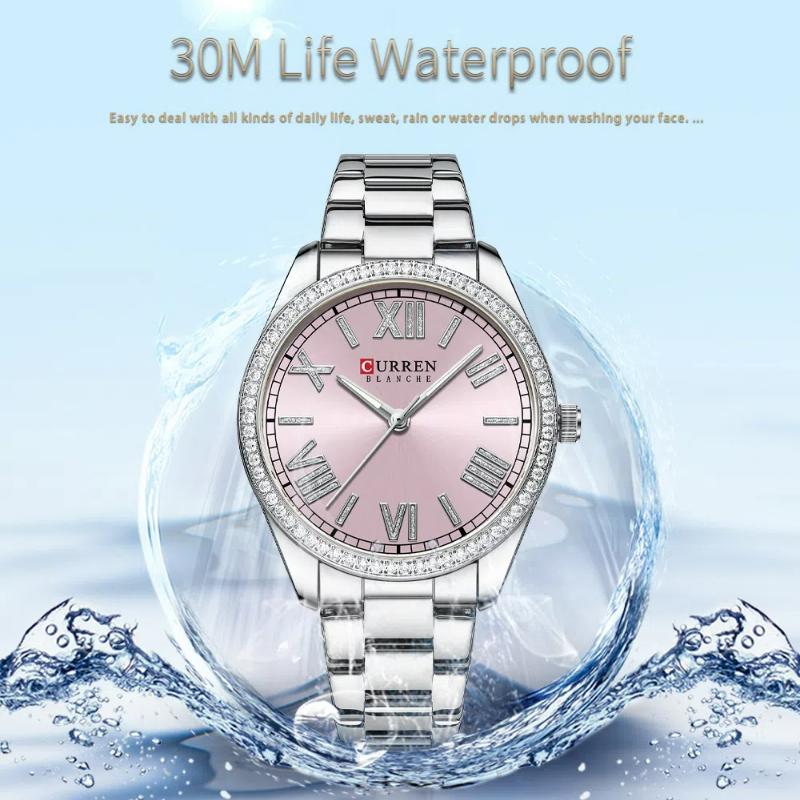 CURREN Роскошные кварцевые женские часы-браслет с очаровательным серебряным циферблатом из горного хрусталя и люминесцентными стрелками из нержавеющей стали