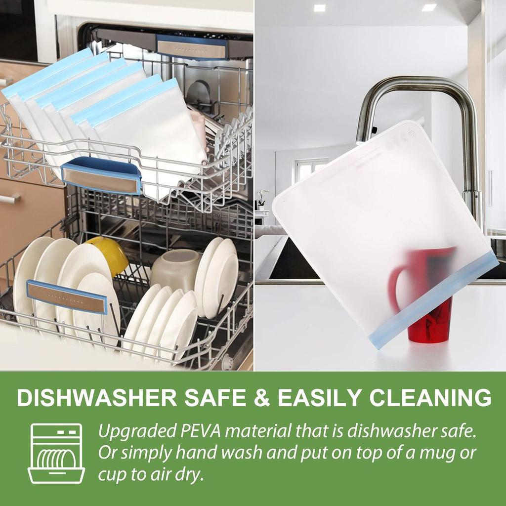 6 Pack Dishwasher Safe Reble Gallon Freezer Bags Food Storage Bags, Extra Thick Leakproof Silicone & Plastic Free Ziplock Bags for Meal Prep, Fruits,