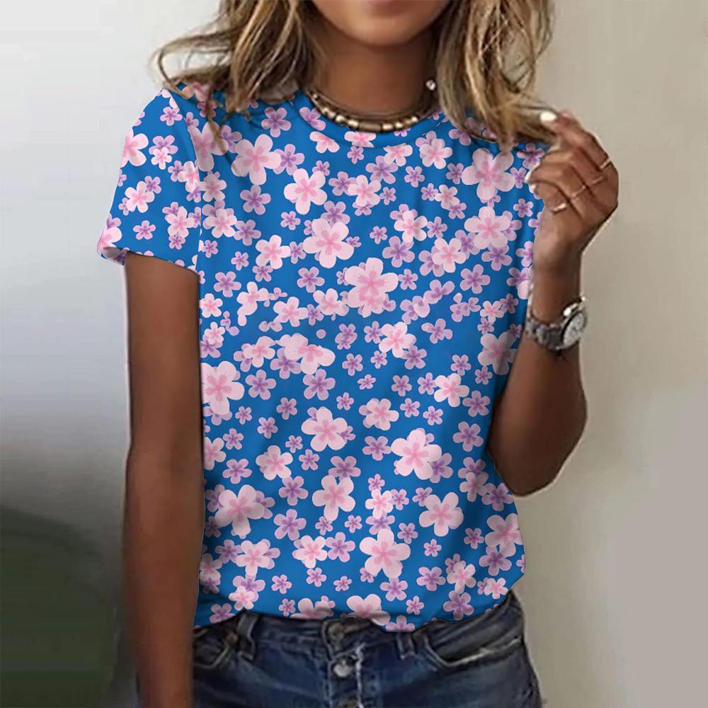 Футболка с 3D-цветочным принтом для женщин, новые футболки с круглым вырезом и коротким рукавом, женский повседневный пуловер для женщин, модные уличные топы