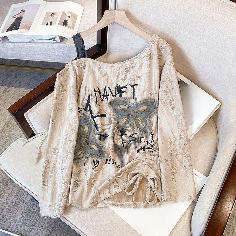 Butterfly Hole Breaking Design Top Long Sleeve Shoulder Leakage Women's T-shirt Korean Fashion Drawstring Lady Pullover