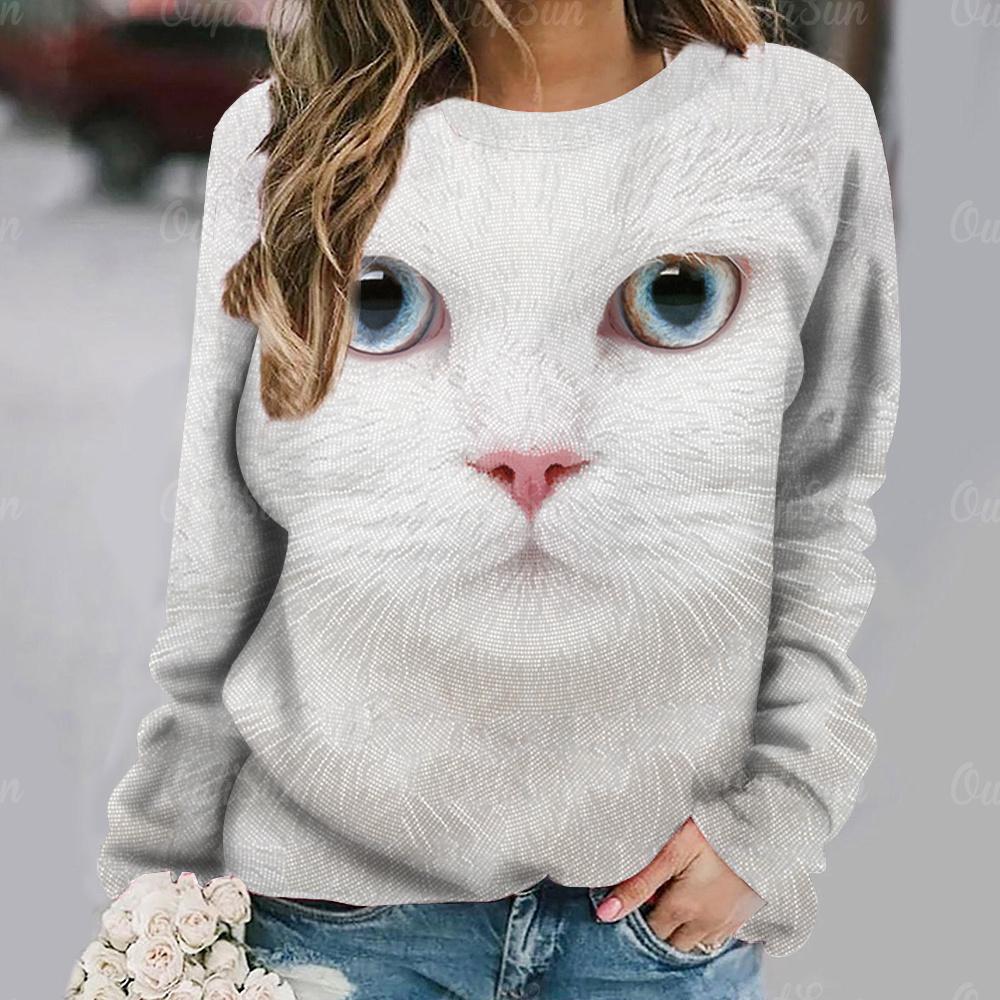 Cat Print Long Sleeves Tees Pullover Casual Loose Street Female Clothing Funny Cute Tops Fall/Winter Cotton Women's T-shirts