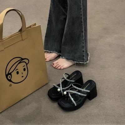 Толстый каблук, средний каблук, французский красивый набор, крутые шлепанцы с открытым носком, шлепанцы на толстой подошве для женской летней обуви 2025 новый высококлассный стиль