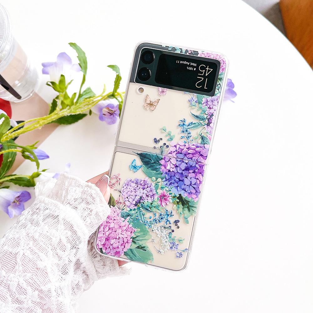 Чехол для Samsung Galaxy Z Flip 4 3, браслет с цветочной росписью, прозрачный противоударный чехол для ПК, твердая задняя крышка для Samsung Zflip 4 3, чехол