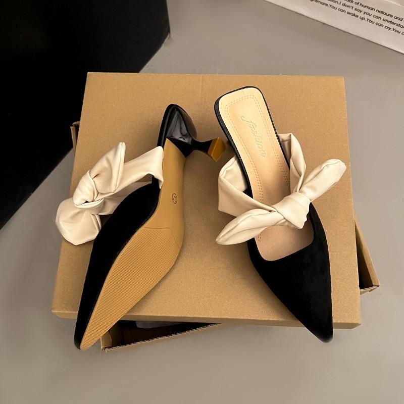 2024 Summer Women Pointed Toe High Heels Sandals Bowknot Fashion Flower Woman Shoes Slingback Woman Slippers