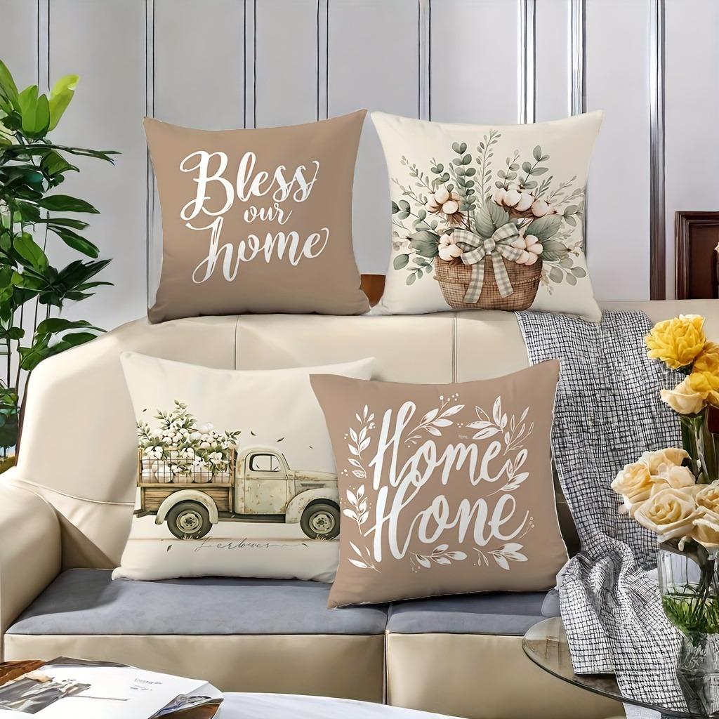 Rustic Charm Throw Pillow Cover: Cotton Flowers, Vintage Truck and Home Blessing Words, Sofa Cushion Cover, Bedroom Room Decor