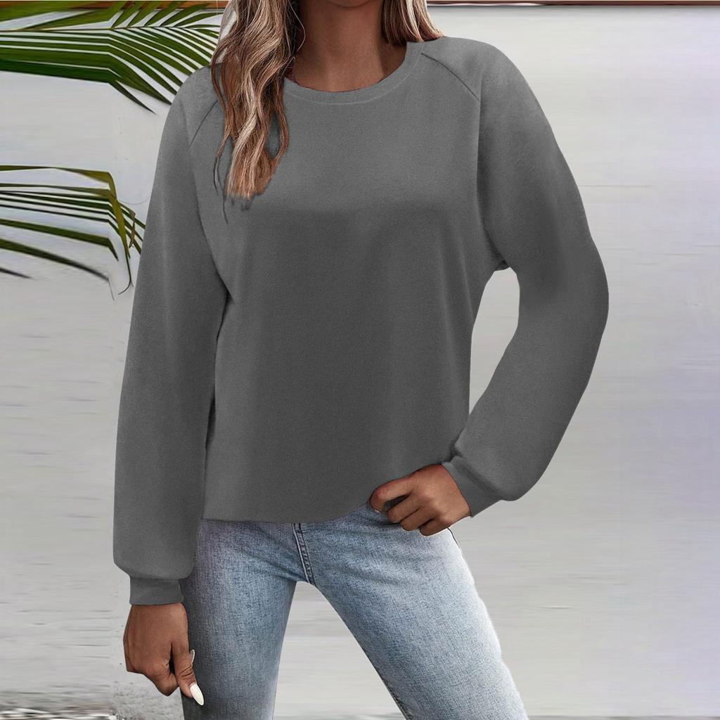Женская мода повседневный однотонный круглый вырез рукав длинный рукав топ