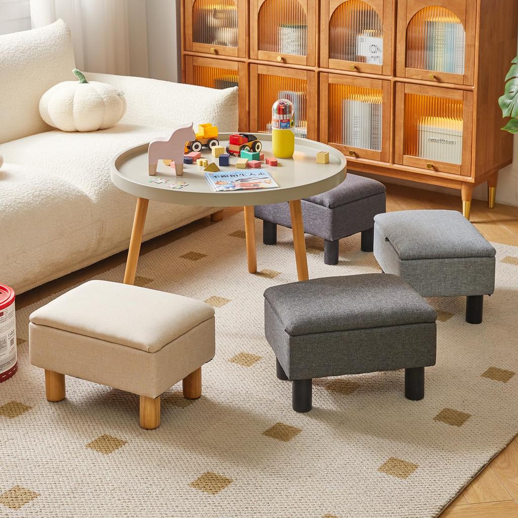 Aibiju Низкий табурет из массива дерева Мини Лен 150 кг Вес На петлях Легкие ножки, Стул с высокой упругостью, Подставка для ног, 403024 см, Ткань, Вместимость, Крышка, Серый,