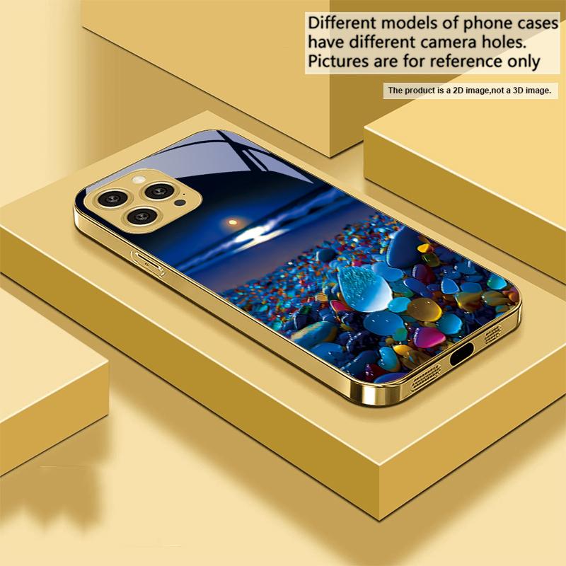 Красочный каменный берег моря Для iPhone 16 16Pro Max 15 P ro 14 13 Plus 12 Mini 11Pro Max XS Max XR Золотой чехол для телефона из закаленного стекла