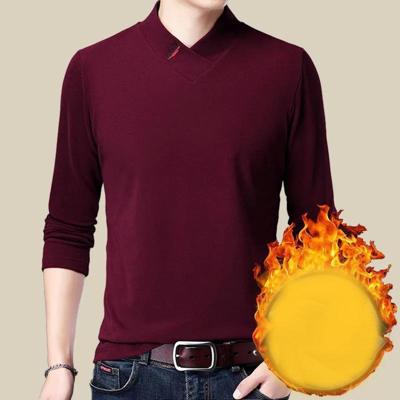 Зимняя мужская футболка с длинными рукавами, свитер, двусторонний флис, однотонная теплая рубашка с высоким воротником