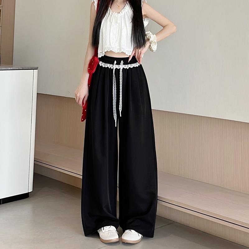 Lace-edged Ice Silk Wide-leg Pants Women's Summer Thin High-waisted Thin Loose-fitting Straight-leg Pants Casual Mopping Pants