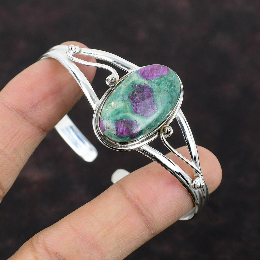 Ruby Fuchsite Cuff Bracelet Genuine Gemstone Bangle Dainty Jewelry 925 Sterling Silver Bangle Handmade Adjustable Cuff Bracelet Gift For Him